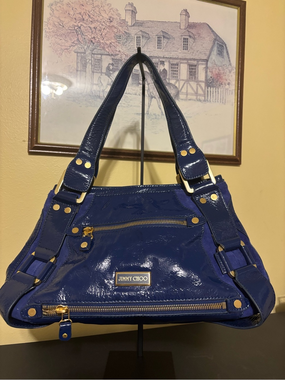 Jimmy Choo Patent Royal Blue Shoulder Bag with Gold Hardware